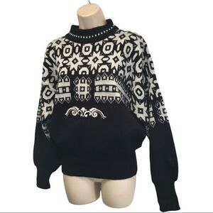 Tyrolia VTG Sweater Black & White Fair Isle Nordic‎ Snowflake Ski Turtleneck S